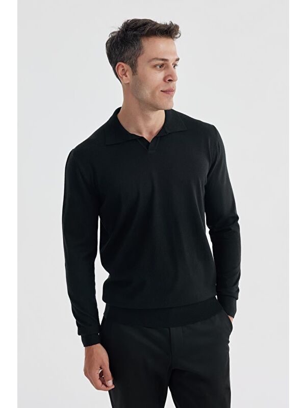 JAKAMEN Siyah Slim Fit Polo Yaka Triko Kazak