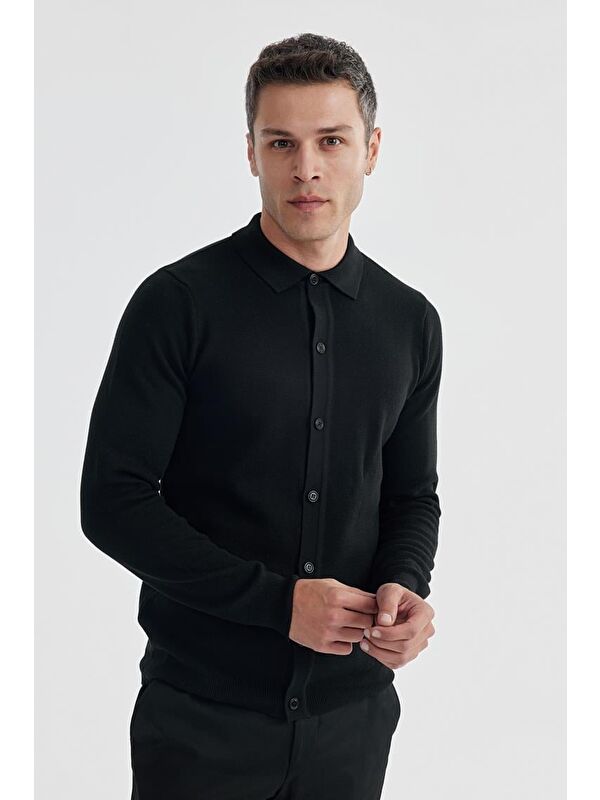JAKAMEN Siyah Slim Fit Yünlü Düğmeli Triko Gömlek