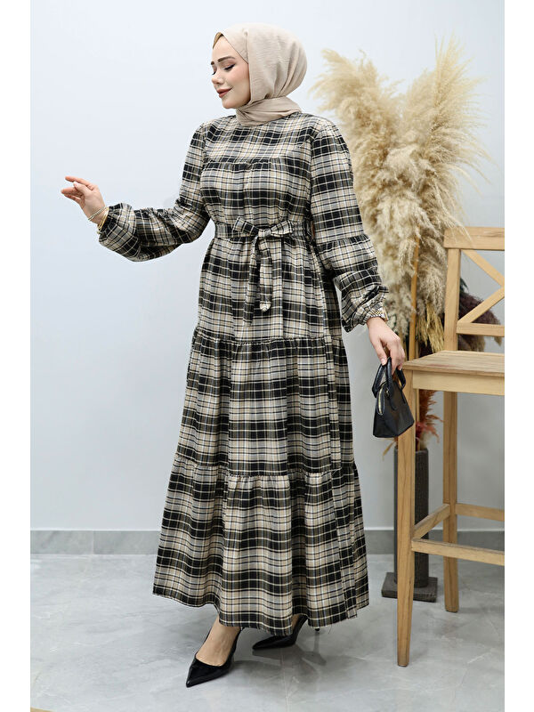 Tesettür Dünyası Robalı Ekose Elbise TSD260134 Camel