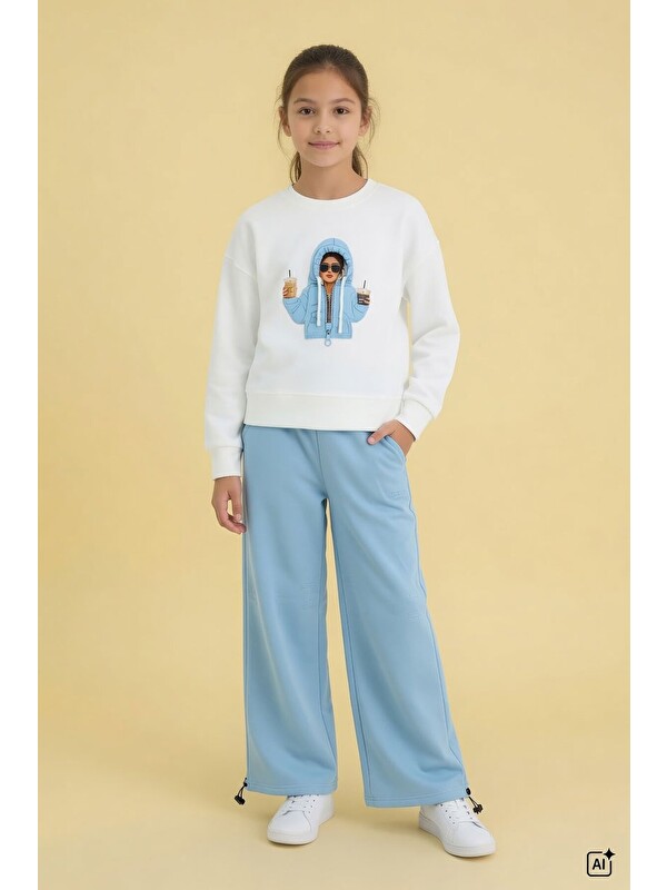 Cansın Mini Mavi Kız Çocuk Hoodie Detaylı Sweatshirt Geniş Paça Eşofman Takımı 24780