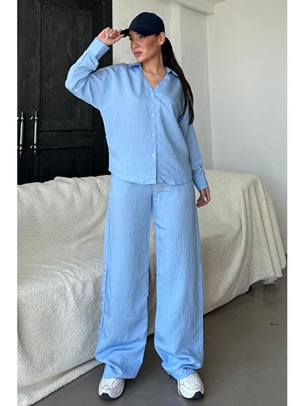 Madmext Mavi Uzun Kollu Çizgili Gömlek Pantolon İkili Takım Mg2329