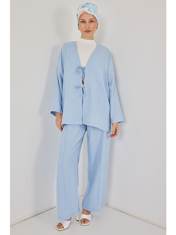 Bigdart Kadın Keten Kimono İkili Takım 6727 - Mavi