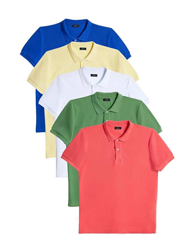 TUDORS Erkek 5'li Paket Saks Mavi-Ç.Yeşili-Nar Çiçeği-Sarı-Beyaz Slim Fit Pamuklu Düz Pike Polo Yaka Tişört