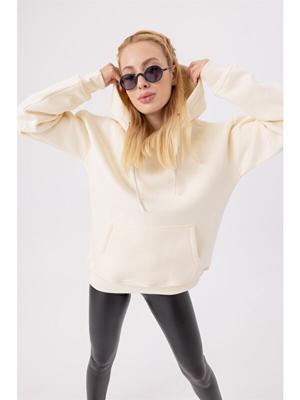 gothamVibes Kadın Stay Oversize Krem Hoodie Sweatshirt