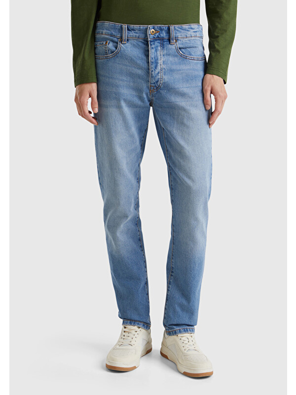United Colors Of Benetton Erkek Açık Mavi Pamuk Karışımlı Arkası Logo Etiketli Cepli Denim Jean Pantolon