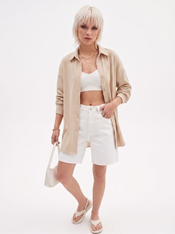 Trendseninle Kadın Bej Oversize Krinkıl Kumaş Gömlek