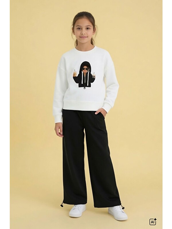 Cansın Mini Siyah Kız Çocuk Hoodie Detaylı Sweatshirt Geniş Paça Eşofman Takımı 24779