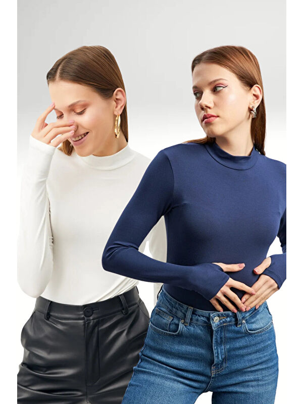 Bipantolon Kadın Beyaz Lacivert 2'li Parmak Detaylı Body