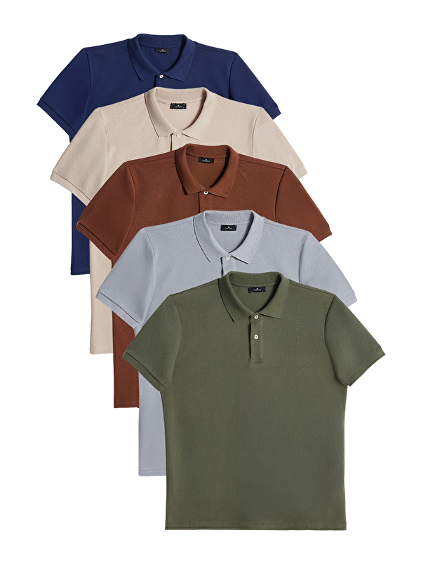 TUDORS Erkek 5'li Paket Lacivert-Taş-Kahverengi-Gri-Haki Slim Fit Pamuklu Düz Pike Polo Yaka Tişört