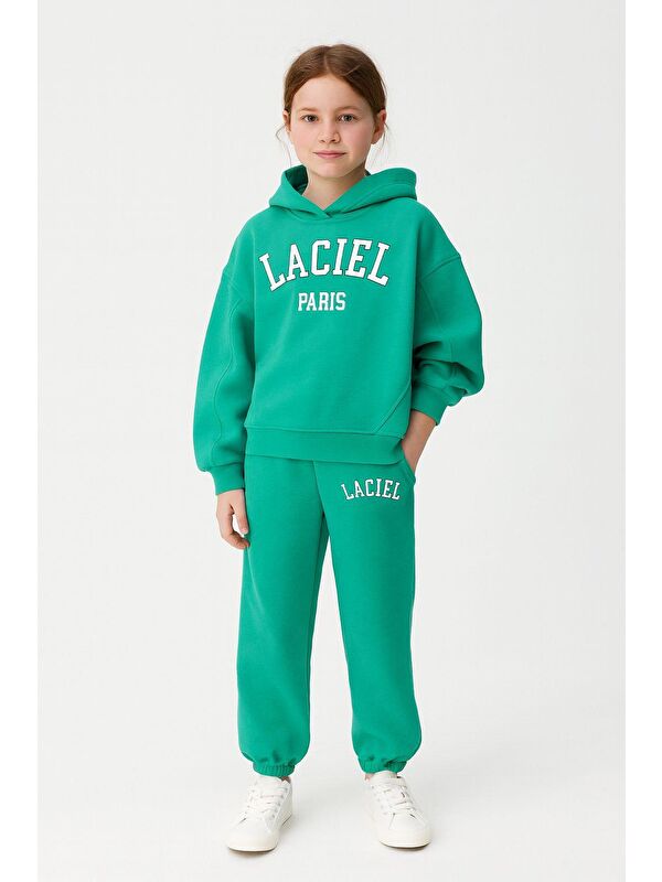 Magu Unisex Çocuk Pamuklu Yeşil Baskılı Kapüşonlu Sweatshirt Ve Paça Lastikli Eşofman Alt-Üst Takım