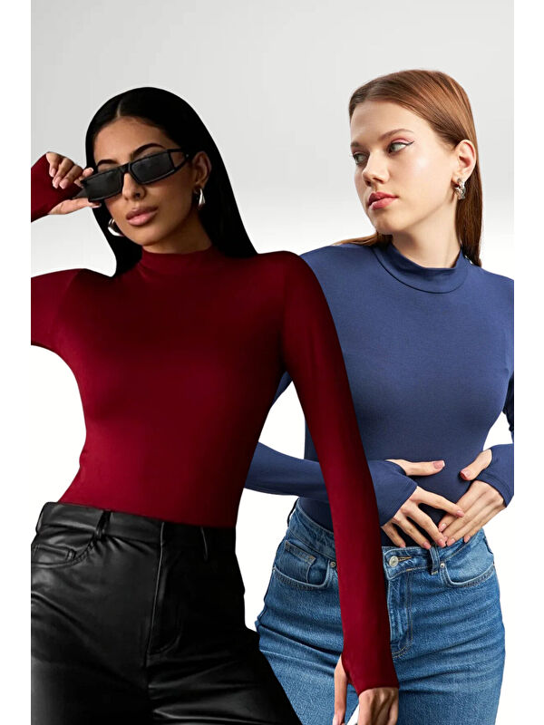 Bipantolon Kadın Lacivert Bordo 2'li Parmak Detaylı Body