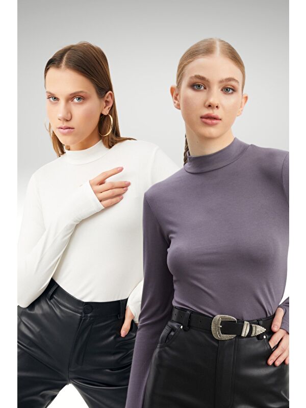 Bipantolon Kadın Beyaz Gri 2'li Parmak Detaylı Body