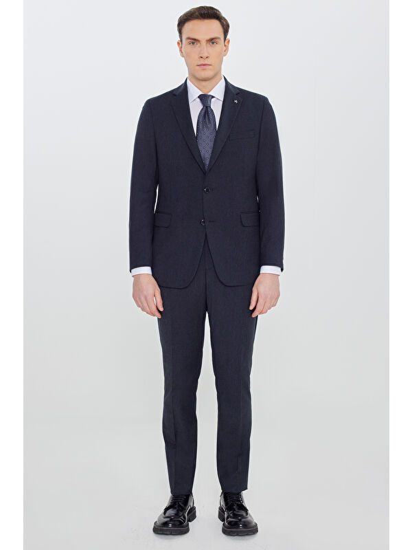 Altınyıldız Classics Erkek Lacivert Slim Fit Dar Kesim Mono Yaka Kapak Cep Esnek Takım Elbise
