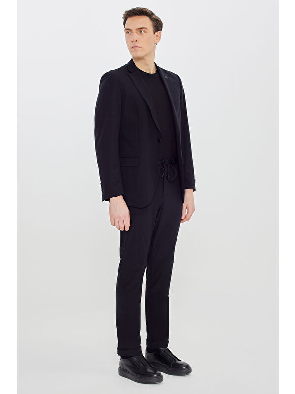 Altınyıldız Classics Erkek Siyah 360 Her Yöne Esneyen Slim Fit Mono Yaka Beli Bağlamalı Takım Elbise