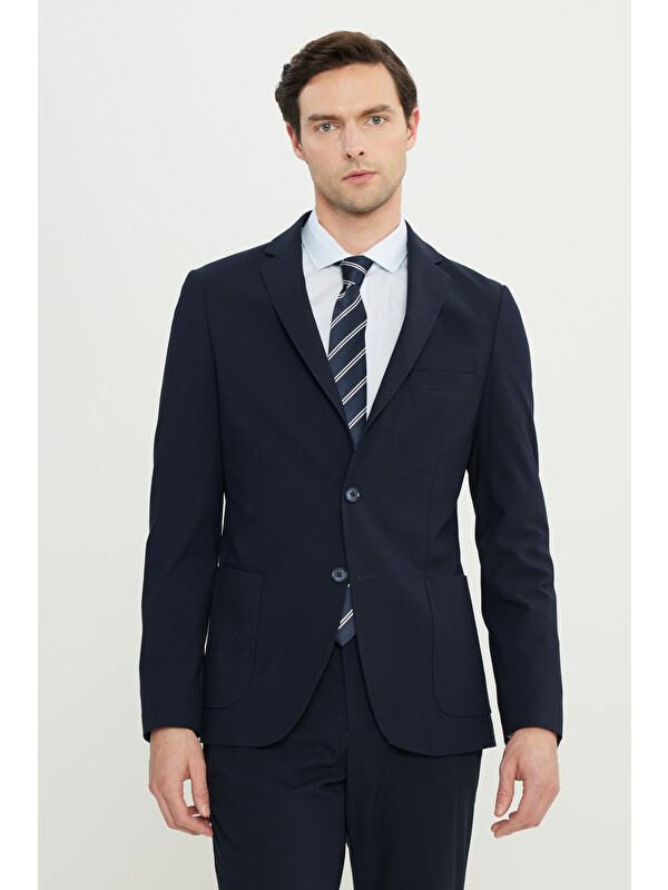 Altınyıldız Classics Erkek Lacivert Slim Fit Mono Yaka Gofre Desenli Torba Cepli Takım Elbise