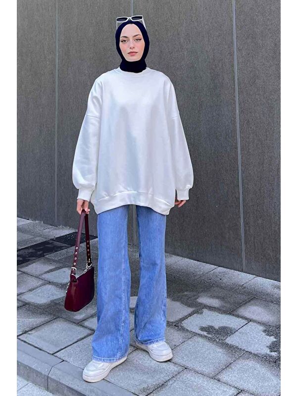 Lamelif Jasmin Bisiklet Yaka Oversize Sweat Beyaz