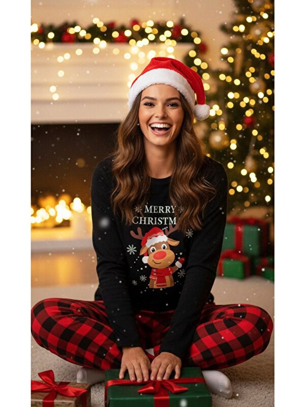 Siyah İnci Kadin Ekose Merry Christmas Baskılı Yılbaşı Temalı Örme Pijama Takım 7970