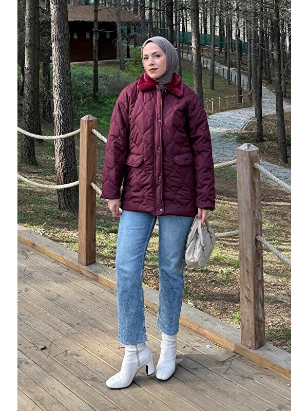 Lamelif Kürk Yaka Şişme Mont Bordo
