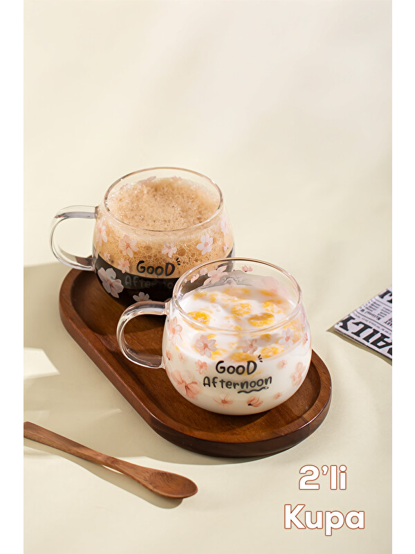 Porsima 2089-1 2li Isıya Ateşe Dayanıklı Cam Kulplu Çay Bardağı Kahve Bardak Kupa Pembe 400 ml