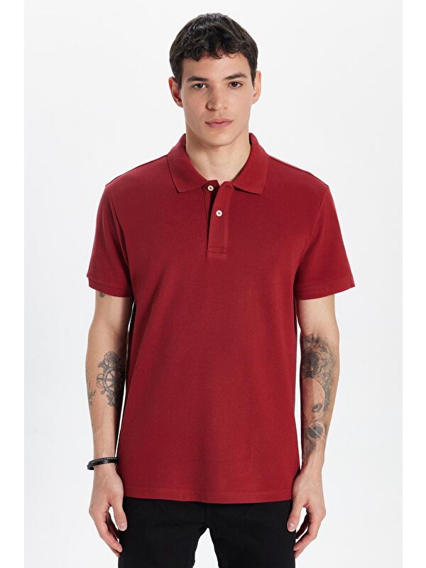TUDORS Erkek Slim Fit Dar Kesim %100 Pamuk Bordo Polo Yaka Tişört