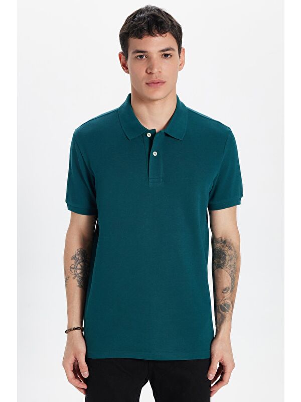 TUDORS Erkek Slim Fit Dar Kesim %100 Pamuk Yeşil Polo Yaka Tişört