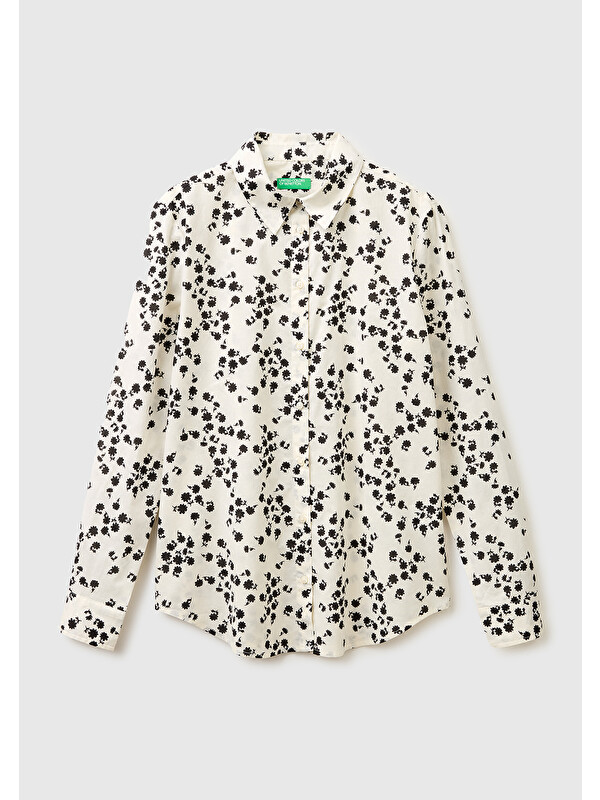 United Colors Of Benetton Kadın Haki %100 Pamuk Desenli  Regular Fit Gömlek
