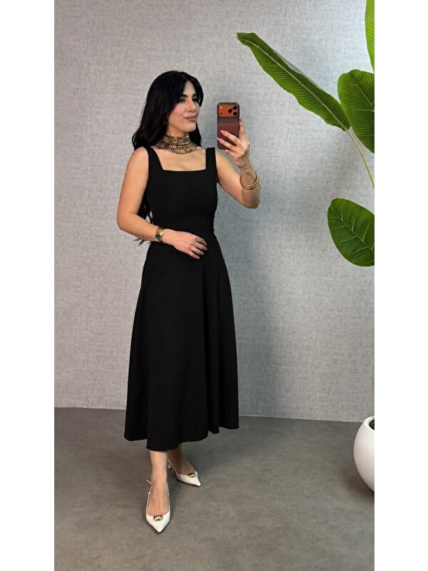 Jane's Kadın Askılı Kare Yakalı Bel Arkasından Bağlama Detaylı Uzun Yerli Krep Elbise