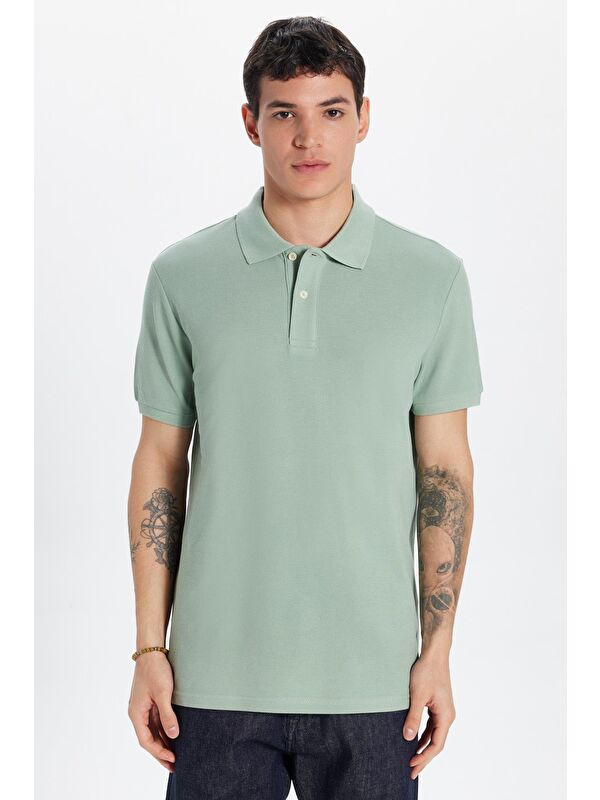 TUDORS Erkek Slim Fit Dar Kesim %100 Pamuk Yeşil Polo Yaka Tişört