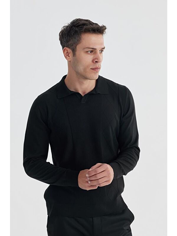 JAKAMEN Siyah Slim Fit Yün Kaşmir Karışımlı Desenli Polo Yaka Triko