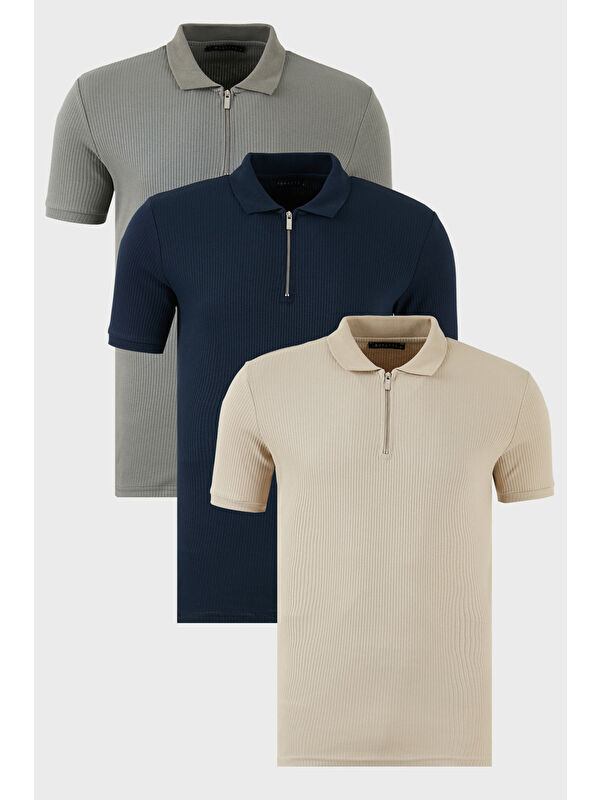 Buratti Pamuklu Regular Fit Yarım Fermuarlı 3'lü Paket Polo Yaka T Shirt 5902738S3