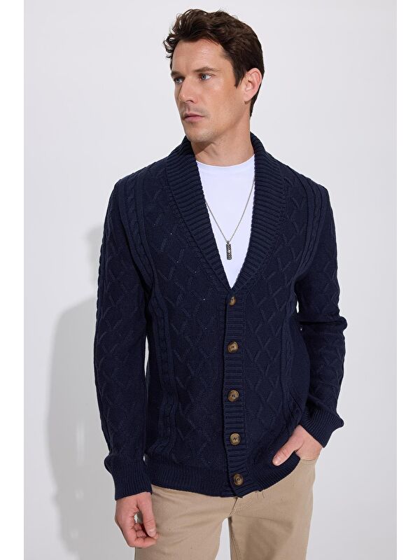 TUDORS Slim Fit Dar Kesim Desenli Yumuşak Dokulu Düğmeli Lacivert Erkek Hırka