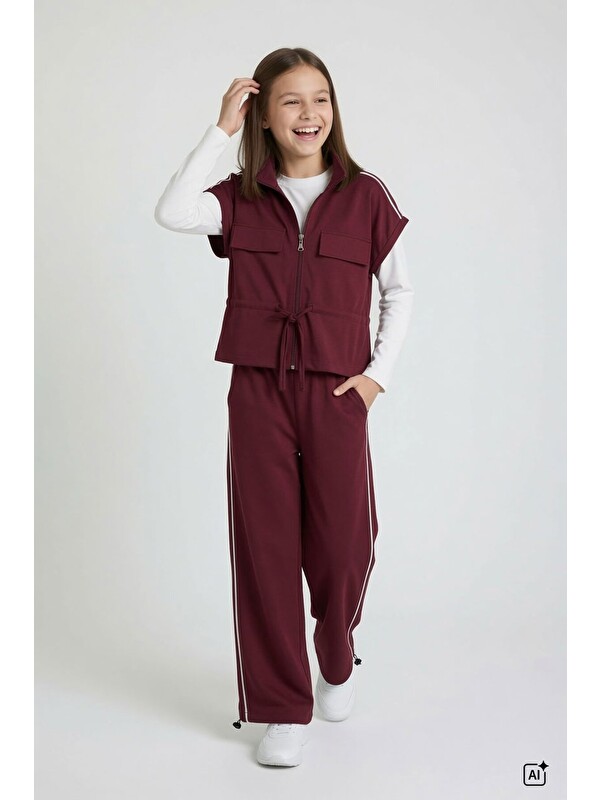 Cansın Mini Bordo Kız Çocuk Fermuarlı Sıfır Kol Yelekli Geniş Paça Alt 3lü Badili Takım 24774