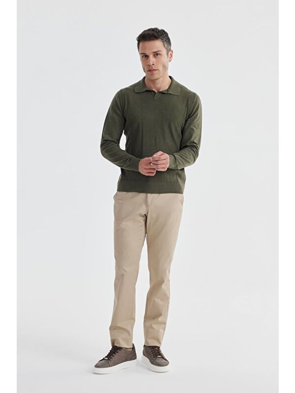 JAKAMEN Haki Slim Fit Yün Kaşmir Karışımlı Desenli Polo Yaka Triko