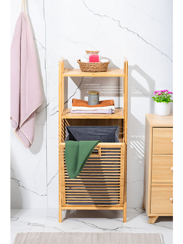 Porsima 2063 Ahşap Bambu Kirli Sepetli 2 Raflı Çok Amaçlı Banyo Düzenleyici Organizer