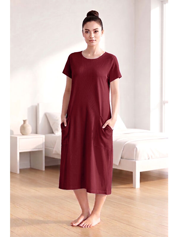 Remsa Kadın Kısa Kol Cep Detay Viskon Elbise Pijama 25234-1 Mürdüm