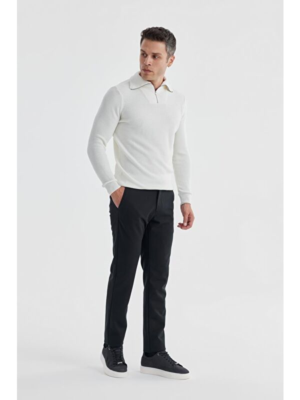 JAKAMEN Ekru Slim Fit Yünlü Fermuarlı Yaka Triko