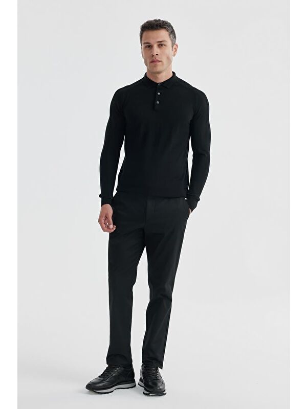 JAKAMEN Siyah Slim Fit Yünlü Desenli Polo Yaka Triko