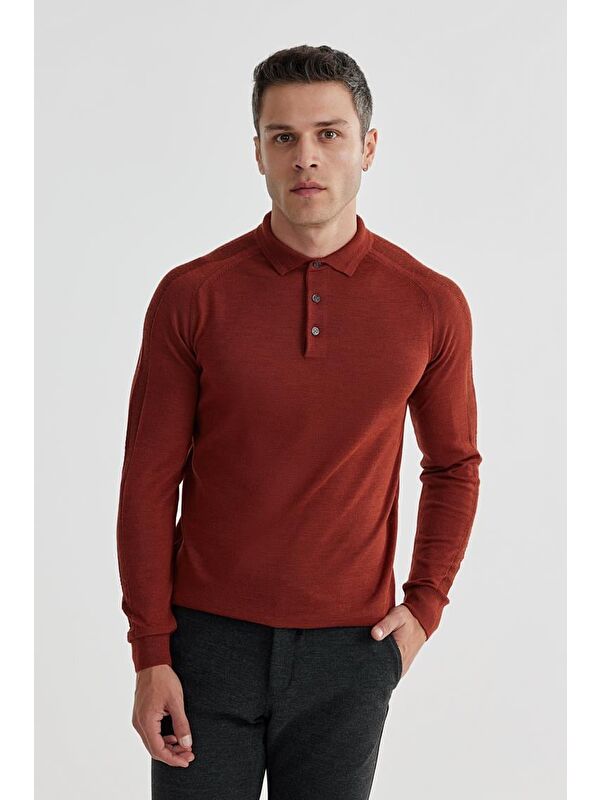 JAKAMEN Kiremit Slim Fit Yünlü Desenli Polo Yaka Triko
