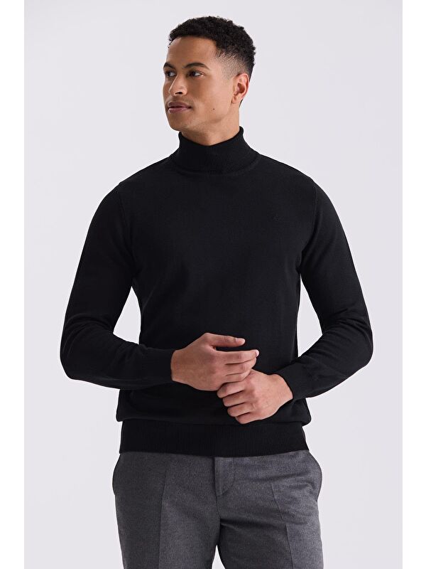 JAKAMEN Siyah Slim Fit Tam Balıkçı Yaka Triko Kazak