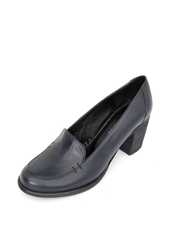 LACİVERT Hakiki Deri Yuvarlak Burun Kalın Orta Topuklu Kauçuk Taban Kadın Loafer Ayakkabı 24070 - Görsel 9