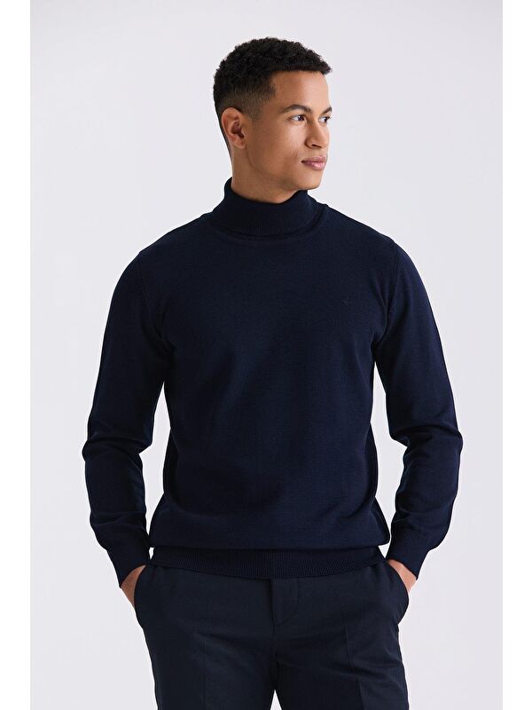 JAKAMEN Lacivert Slim Fit Tam Balıkçı Yaka Triko Kazak