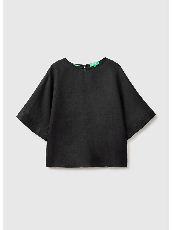 United Colors Of Benetton Kadın Siyah %100 Keten Yarasa Kol Bluz