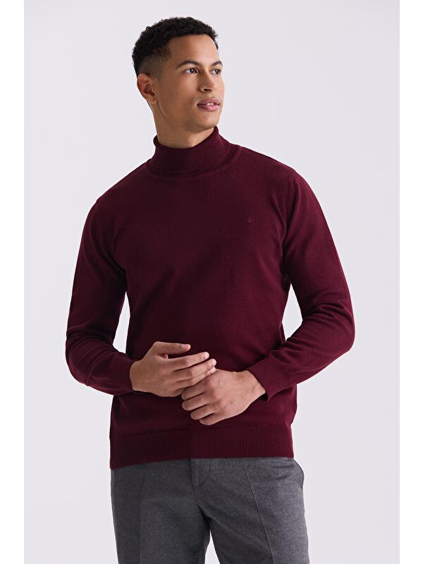 JAKAMEN Bordo Slim Fit Tam Balıkçı Yaka Triko Kazak