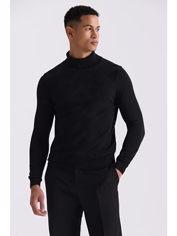 JAKAMEN Siyah Slim Fit Tam Balıkçı Yaka Desenli Triko Kazak