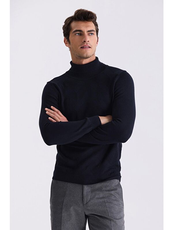 JAKAMEN Lacivert Slim Fit Tam Balıkçı Yaka Desenli Triko Kazak