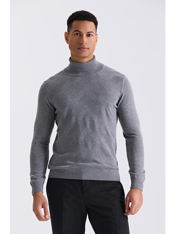 JAKAMEN Gri Slim Fit Tam Balıkçı Yaka Desenli Triko Kazak