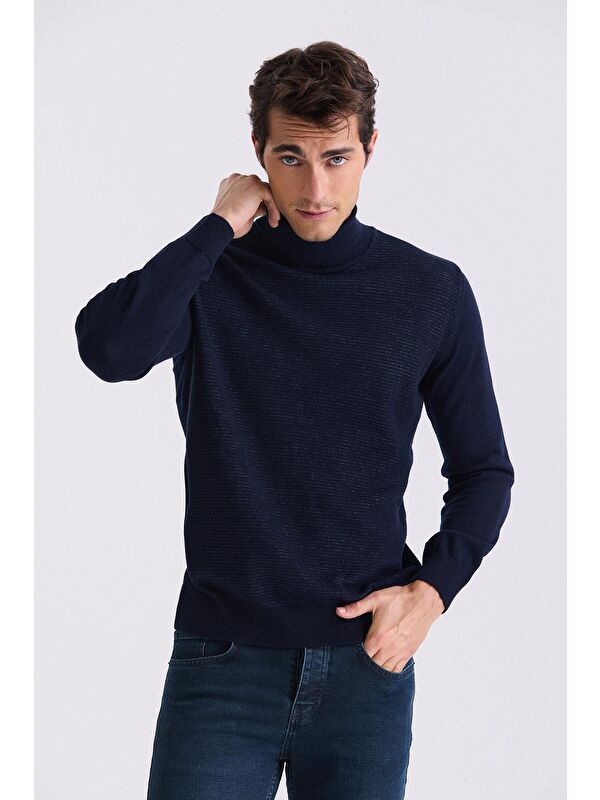 JAKAMEN Lacivert Slim Fit Tam Balıkçı Yaka Triko Kazak