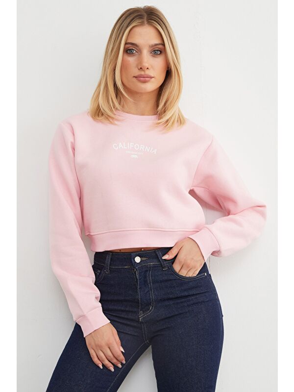 Fullamoda 3 İplik California Yazı Baskılı Crop Sweatshirt