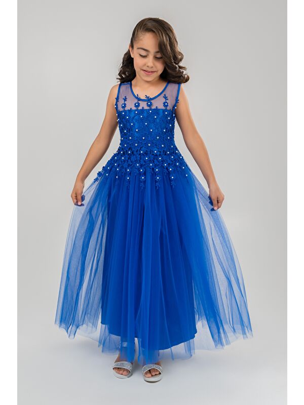 Mnk Baby & Kids Güpür Model Gelinlik Çocuk Kolsuz Abiye MNK0469