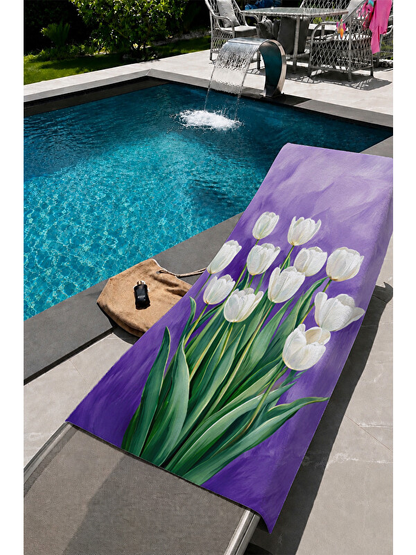 Milbay Grup Mor Lale Çiçek Buketi Desenli 70x150 Plaj Havlusu